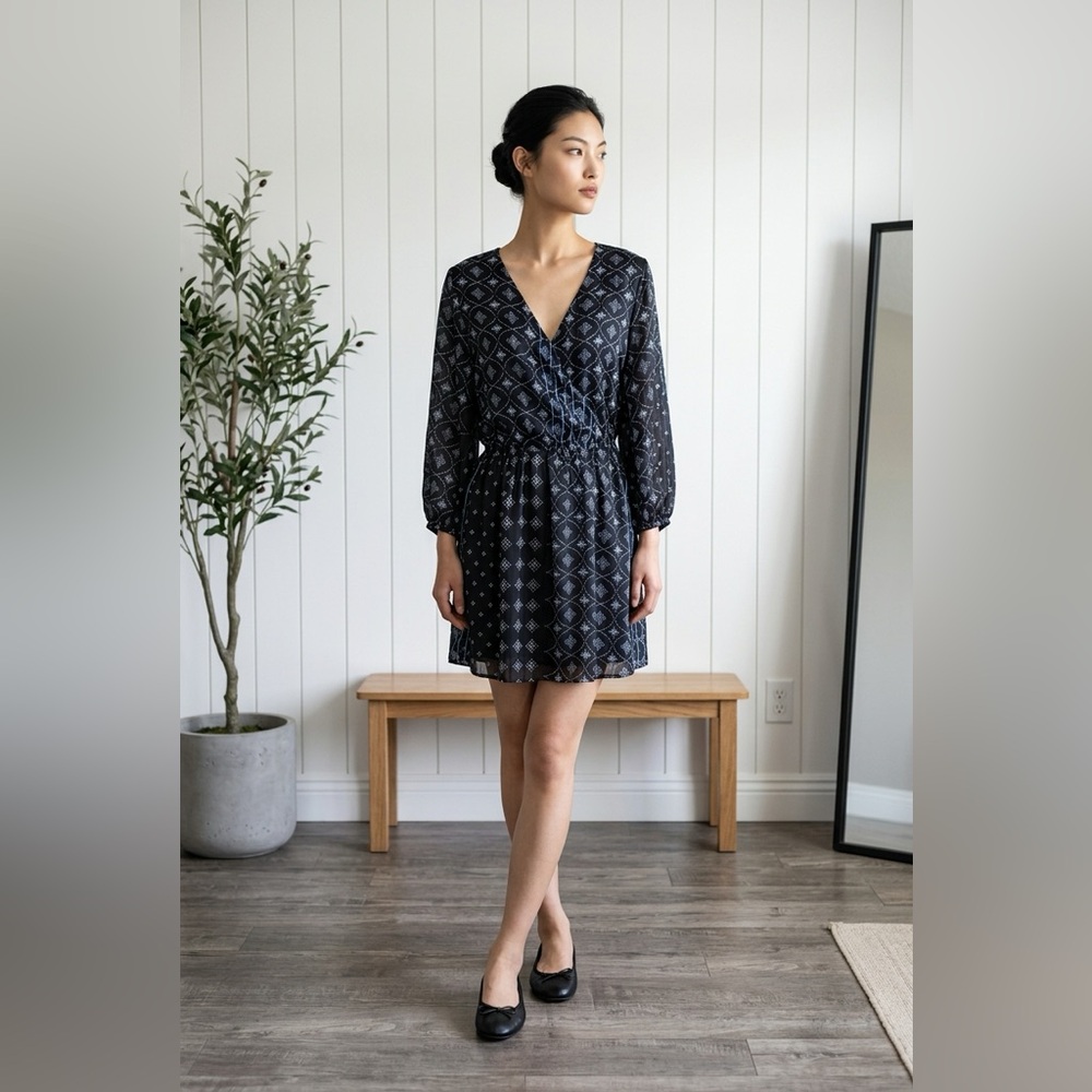 Patterned Black Mini Wrap Dress with V-Neck